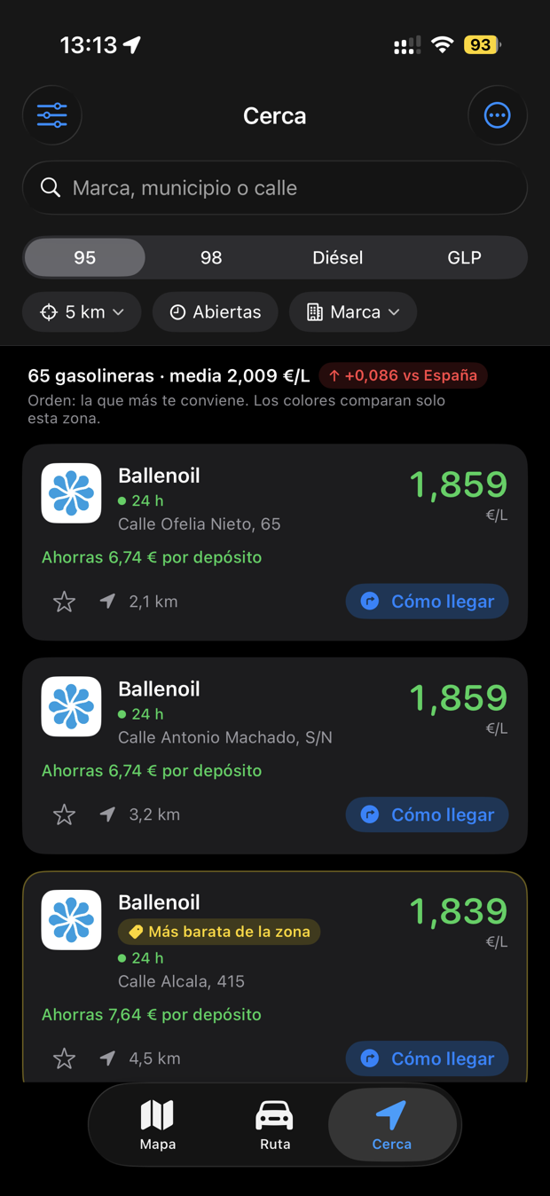 Lista de gasolineras Ballenoil a 1,859 € el litro, con el ahorro por depósito y la distancia a cada una.