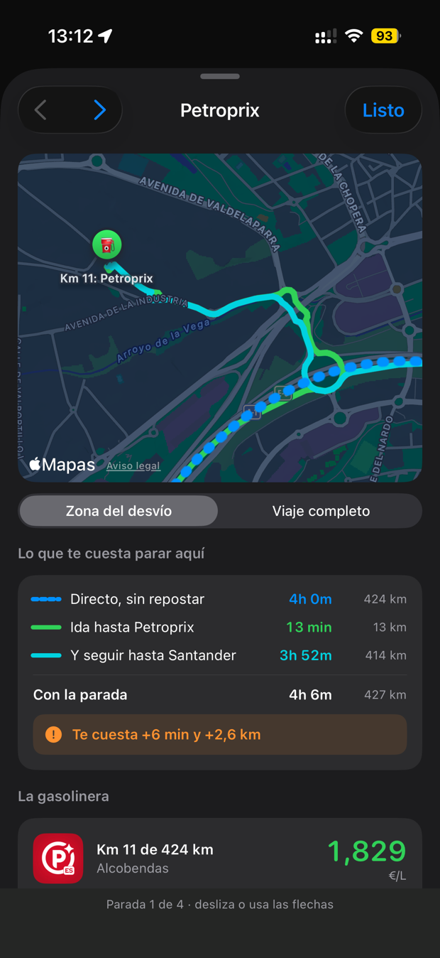 Comparación entre la ruta directa, 4 h 0 m, y la ruta parando, 4 h 6 m, con el desvío dibujado sobre el mapa.