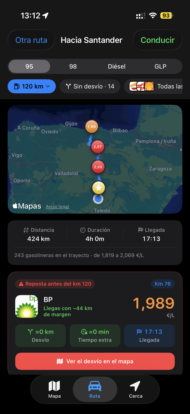 Ruta hacia Santander: 424 km y 4 horas, con la parada recomendada a 1,989 € y el aviso de repostar antes del kilómetro 120.