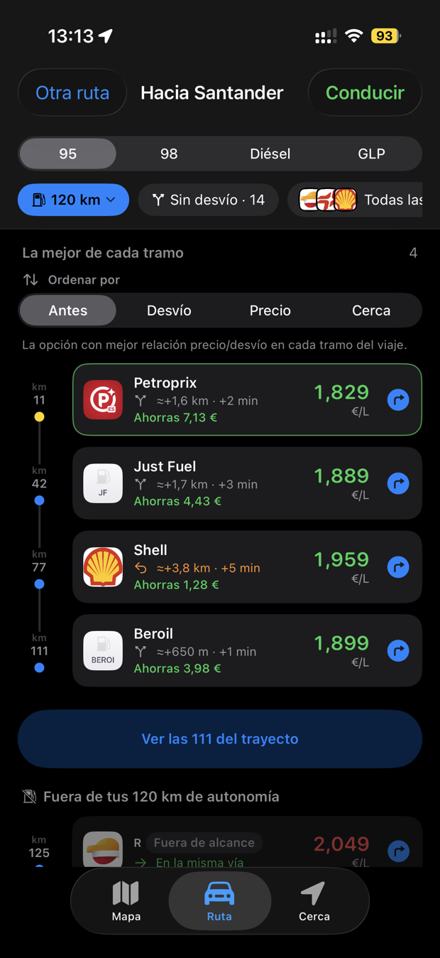 Lista con la mejor gasolinera de cada tramo del viaje, con el desvío en kilómetros y minutos de cada una.